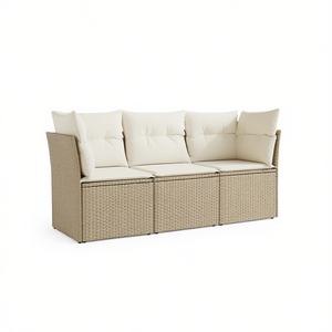 Canapé de jardin en polyrotin beige trois places, mobilier d'extérieur confortable, résistant aux UV, en rotin PE, avec coussin en mousse haute densité - Product Image 1