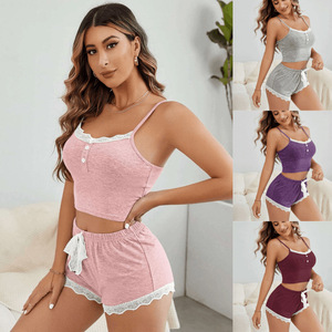 Pijamas de verano de estilo europeo y americano para mujer, pantalones cortos con tirantes para mujer, traje Sexy de encaje, pijamas, conjuntos de ropa de dormir - Product Image 1