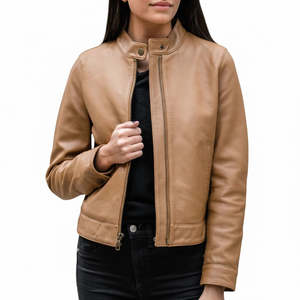 Chaqueta Corta de Piel de Cordero Premium para Mujer, Color Beige Oscuro, 100% Piel de Cordero Real, Cierre de Cremallera Tejida, Corte Moderno, Primavera - Product Image 2