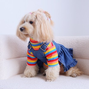 Rainbow Striped Turtleneck Knit <b>T</b> Shirt Set With Denim Overalls Ruffled Trim For Dogs <b>Cats</b> Pet Clothes Four Seasons - Product Image 1