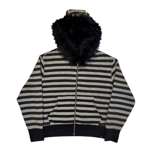 Giacca con <span class=keywords><strong>Cappuccio</strong></span> a Righe Personalizzata per Donna, con Zip e Colletto in <span class=keywords><strong>Pelliccia</strong></span> Sintetica, Tasca Posteriore con Rivetti, <span class=keywords><strong>Felpa</strong></span> Oversize Corta per Autunno e Inverno - Product Image 1