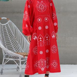 Robe élégante en coton et lin personnalisable, col rond, style décontracté, manches longues, robe midi d'été pour femmes - Product Image 1