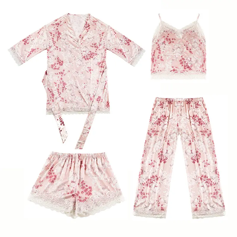 Conjunto de pijama de seda satinada para mujer, de 4 piezas ropa de dormir, pantalones cortos con estampado Floral, 2021