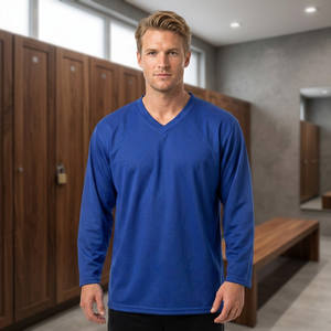 Maillot de sport respirant à manches longues et col en V bleu uni pour homme, coupe régulière, idéal pour le hockey sur glace - Product Image 3