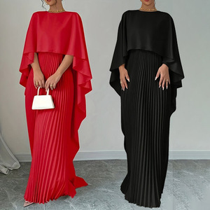 Color sólido rojo largo hasta el suelo manga larga elegante Maxi vestido plisado conjuntos 2 piezas para mujeres damas cena de noche fiestas - Product Image 1