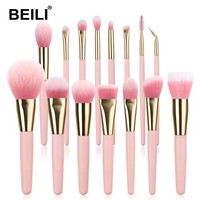 BEILI kualitas tinggi 15 buah rambut sintetis terbaik makeup kuas set dengan kemasan kustom kotak pink makeup SIKAT