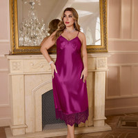 Chemise de nuit d'été grande taille pour femme 100% polyester satiné col en V bretelles taille élastique douce respirante élégante sexy unie