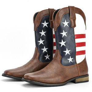 Bottes de cowboy western, bottines à bout pointu, talon plat, tendance mode, design à rayures imprimées, style masculin - Product Image 2