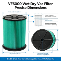 Filtre à cartouche HEPA 5 couches de remplacement VF6000 pour aspirateurs eau et poussière de 5 à 20 gallons, aspirateurs de chantier grande capacité, réutilisable pour la maison