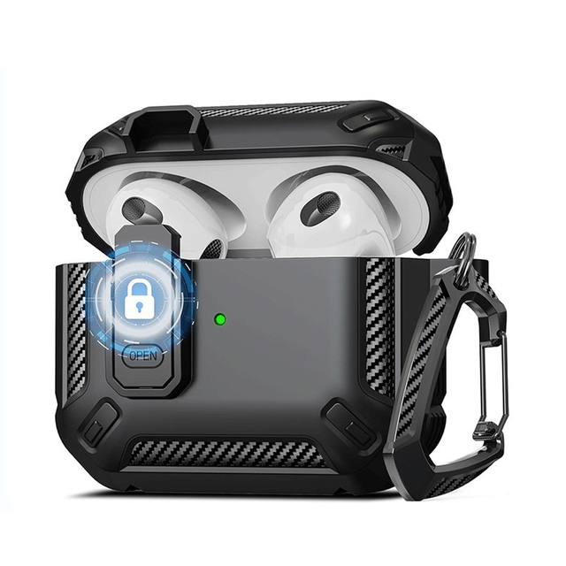 Rugged PC TPU Armor Secure Lock Clip Case for Airpods 4 Carbon Fiber Design Shockproof Cases for Airpods 4 Protection Case