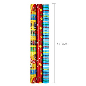 Celebration Theme Eco-Friendly Wrapping <b>Paper</b> <b>Roll</b> Red Yellow <b>Blue</b> Stars Stripes Double Side Coated Recyclable Gift Packaging - Product Image 3