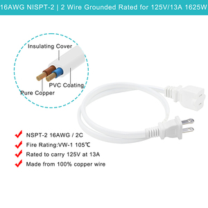 16AWG 10A/125V 6ft blanc 2 broches ordinateur rallonge d'alimentation US mâle-femelle câble d'alimentation d'extension à prise unique - Product Image 3