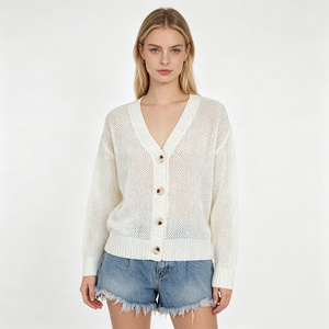 Nuovo Cardigan da Donna a Maniche Lunghe <span class=keywords><strong>con</strong></span> Scollo a V, Intarsio a <span class=keywords><strong>Ali</strong></span> e Lavorazione Pointelle, <span class=keywords><strong>con</strong></span> Bottoni Frontali - Product Image 2