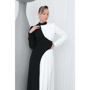 Robe de soirée élégante à col montant, taille naturelle, en satin noir, avec contraste de couleurs - Product Image 4