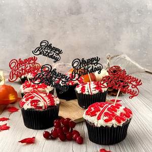 Décorations de cupcakes Joyeux Anniversaire à paillettes, pics à cupcakes Joyeux Anniversaire, décorations de fête à thème Halloween et anniversaire, rouge et noir - Product Image 1