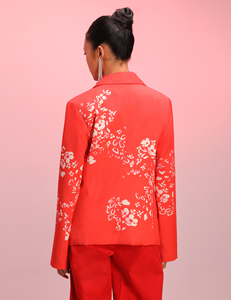 Coral Pink Printed <b>Blazer</b> with Floral Abstract Pattern Long Sleeve Tailored Jacket Premium Structured Fabric Elegant <b>Blazer</b> - Product Image 6