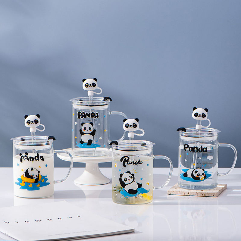 Cartoon OEM Printing Home Creative Panda Children Water Cup Milk Clear Glass Cups Mug With Handle Straw and Lid