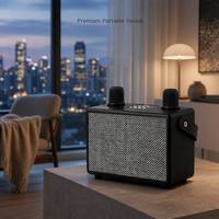 Sistema de Audio Karaoke de Lujo con Gabinete de Madera, Micrófonos Inalámbricos Duales, Sonido Estéreo HiFi, Múltiples Modos de Conexión para Uso Doméstico