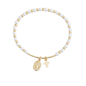 Bracciale Go2Boho in ottone placcato oro 18 carati con perle finte <span class=keywords><strong>e</strong></span> ciondolo a croce <span class=keywords><strong>e</strong></span> ovale, 17,5 cm - Product Image 5