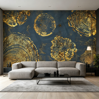 Papier peint mural de luxe effet anneau d'arbre doré, motif bois métallisé, marbre bleu marine foncé, auto-adhésif