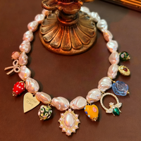 Elegante Collar con Dijes de Perlas, Corazón de Fresa y Rosa, Chapado en Oro, Joyería Diaria para Mujer, Aniversario, Venta al por Mayor