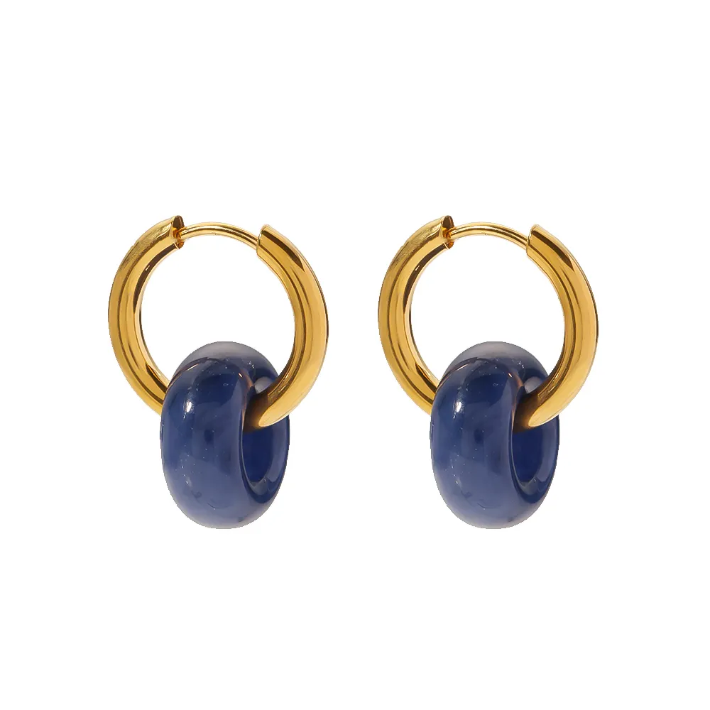 Fashionable Stainless Steel 18K Gold Plated Natural Stones Lupis Lazuli Interlocking Hoop Earrings For Women