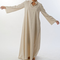 Abaya fermée en lin naturel personnalisée avec poche, robe abaya musulmane de Dubaï en coton de couleur unie à manches longues