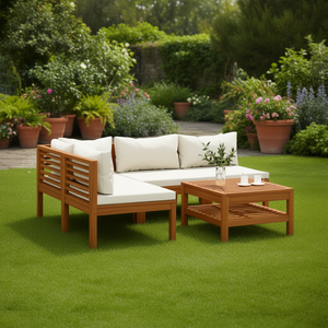 Ensemble de salon de jardin en bois d'acacia massif, coussins crème, finition huile, mobilier d'extérieur 4 places - Product Image 2