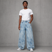 Jeans Rectos de Hombre Personalizados, Azul Claro Lavado, Cintura Alta, Corte Holgado, con Costuras Curvas y Bordado de Esqueleto de Pez en el Bolsillo Trasero