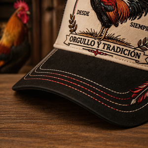 <span class=keywords><strong>Cappello</strong></span> Trucker Ricamato 3D con Gallo, Stile Western, Bicolore Beige Nero, Rete, Personalizzato OEM ODM, Commercio all'ingrosso, Pesca - Product Image 3