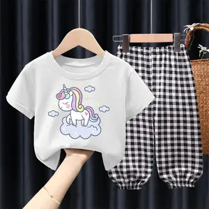 Cheap girl t-shirt suit with anti-mosquito pants boys and girls clothing sets sport suit for kids