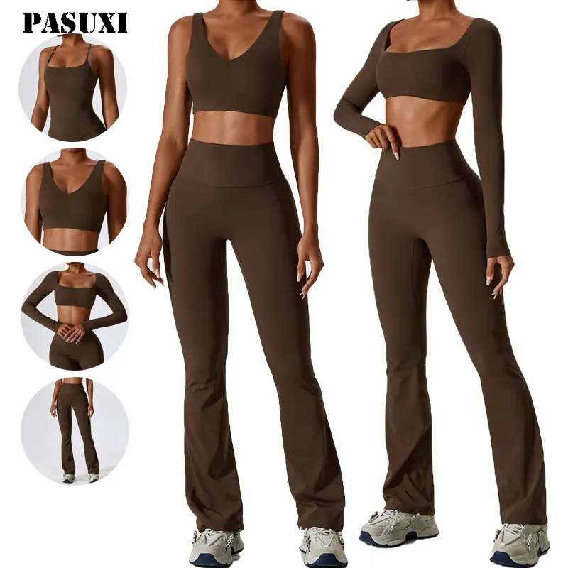 PASUXI all'ingrosso donne sport palestra indossare allenamento Set collant Crop Top 2 pezzi senza soluzione di continuità manica lunga Fitness Yoga Set