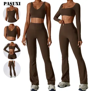 PASUXI-conjunto deportivo de gimnasio para mujer, Top corto ajustado, sin costuras, de manga larga, para Fitness y Yoga, venta al por mayor, 2 piezas