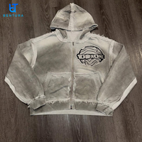 Sweat à capuche streetwear OEM pour homme, coupe courte et carrée, effet délavé, avec surpiqûres contrastées, ourlet brut, effet usé, fermeture éclair, 450 GSM, avec patch brodé personnalisé