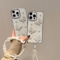 Coque arrière pour iPhone 11 13 14 Plus 15 16 Pro Max, étui de téléphone antichoc en PC rigide avec bracelet chaîne papillon 3D perlé