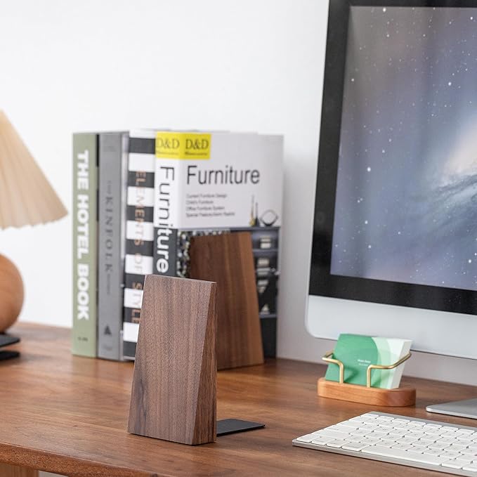 Modern Design Thickened Acacia Wood Bookends Non-Skid Metal Bookends with Creative Decor for Home Heavy Books