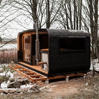 Cabine de bien-être extérieure noire, design épuré, combinant sauna et bain de glace, chauffée au bois, double fonction, pod de loisirs, taille personnalisée, livraison rapide