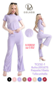 Completo da donna in maglia a 2 pezzi color lavanda, maniche corte, girocollo, casual, traspirante, in modal ed elastan, pantaloni lunghi e top, primavera estate - Product Image 3