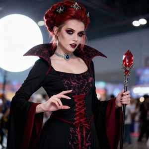 Costume de vampire pour femmes adultes, robe gothique noire et rouge, tenue de cosplay pour fête d'Halloween, tenue de jeu de rôle à manches longues et longueur complète - Product Image 4