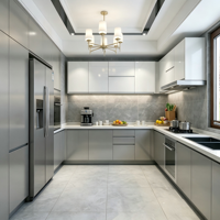 Ensemble de meubles de cuisine gris et blanc, modernes, modulaires, sans poignées, écologiques, ignifuges, avec éclairage LED intégré et système de rangement pour garde-manger
