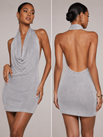 Vestido Mini de Punto con Brillo Plateado, Cuello Halter, Escote Pronunciado y Espalda Completamente Abierta, Nueva Colección de Verano 2026, Éxito de Ventas en EE. UU. y Australia