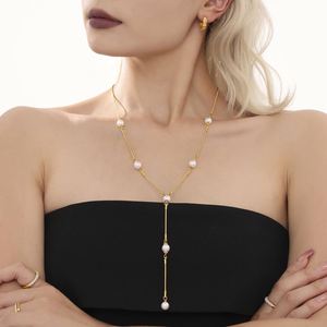 Popular Fashion Chains Necklaces 18k Gold Plated Stainless Steel Snake Chain Handmade Waterproof Long Pearl Necklace for Women - Product Image 2