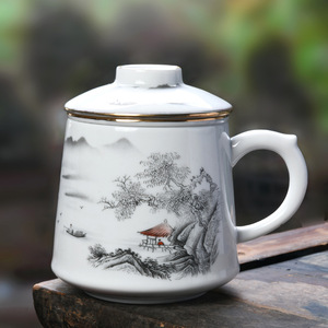 Dehua <b>Ceramic</b> Mug Set With Lid And Filter Oriental Design Gift For Business - Product Image 3