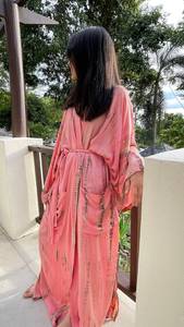 Tie Dye Pink Printed Chiffon Maxi <b>Dress</b> With Belt <b>Loose</b> V-Neck Long Sleeve Boho Style Summer Casual Wear For Women - Product Image 3