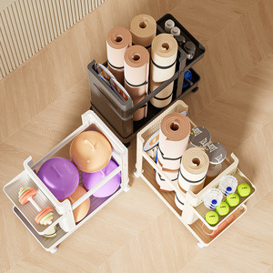 Home Yoga Mat Storage Basket Creamy Yellow 2 Tier Wheeled Rack Portable Fitness Equipment Organizer Bedroom Living Room Use - Product Image 3