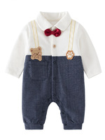 Saisonaler Baumwoll-Baby-Strampler mit Bären-Design, Einreihiger Verschluss, Neugeborenen-Zweiteiler-Stil, Stilvoller Schleifenkragen für Frühlingsbabys