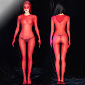 Jumpsuit Wanita Bahan Nylon Sutra Tipis Mengkilap dengan Bukaan Selangkangan, Berkerudung, Transparan, Lengan Panjang, Model Body Stocking 6448 - Product Image 6