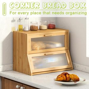 Double Layer Bamboo Wood Bread Box Large Capacity <b>Kitchen</b> Countertop Storage With Acrylic Door Panel - Product Image 5
