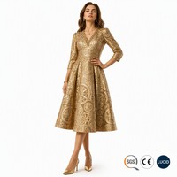 Robe Midi Femme Col V Manches 3/4 Style Horloger de Zurich en Brocart Métallique Géométrique 320G pour Soirée de Bal de Promo - Vente en Gros Personnalisée
