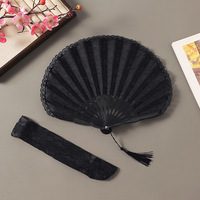 Éventail pliant en dentelle vintage à motif floral avec pompon pour décoration de mariage oriental, fête, cosplay, séance photo